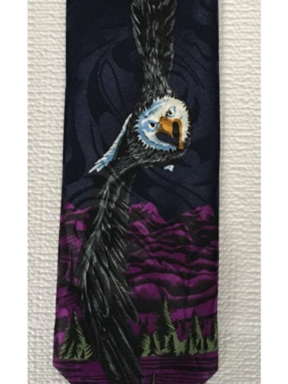 Rene Chagal Neck Tie Purple Black Soaring Eagle 4 inch Wide 28 inches Long